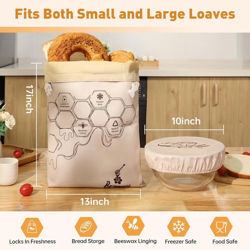 Tirphy Reusable Bread Bags for Homemade Bread- XL Cotton Beeswax Bags with Bowl Cover - SourdoughBread Storage to Keep Fresh 2 Pack - Image 3