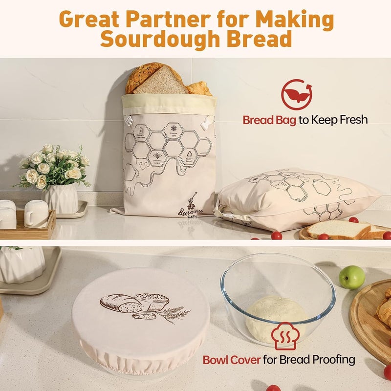 Tirphy Reusable Bread Bags for Homemade Bread- XL Cotton Beeswax Bags with Bowl Cover - SourdoughBread Storage to Keep Fresh 2 Pack - Image 4