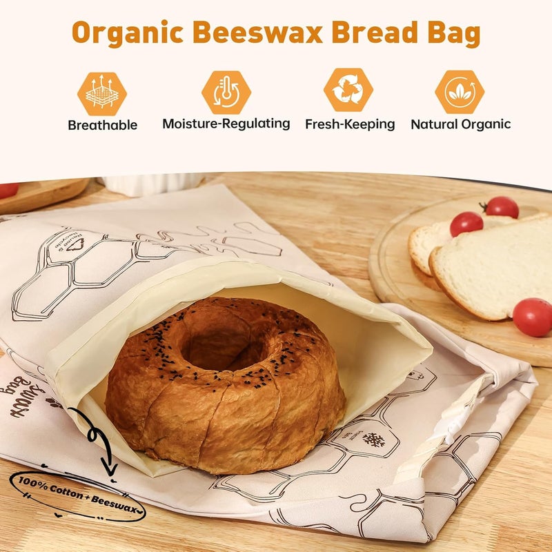 Tirphy Reusable Bread Bags for Homemade Bread- XL Cotton Beeswax Bags with Bowl Cover - SourdoughBread Storage to Keep Fresh 2 Pack - Image 2