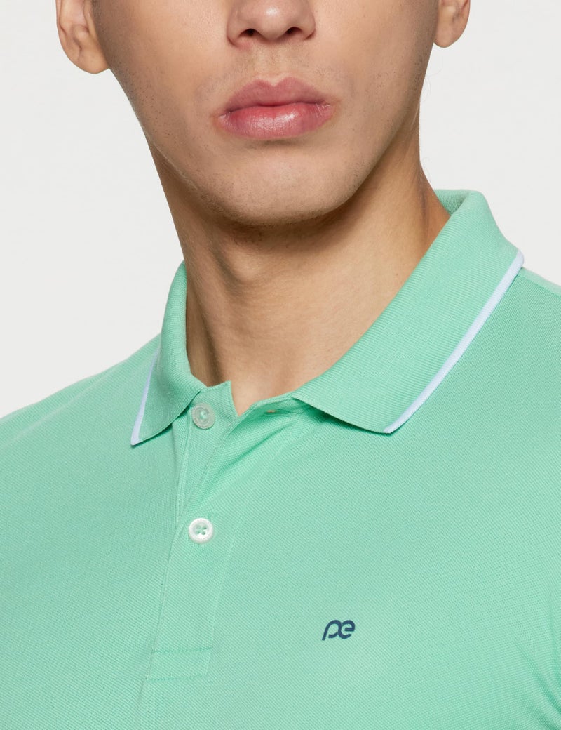 Peter England Men's Snug Fit Solid Polo T-Shirt with Coloured Collar Tipping| Cotton Rich| Premium Pique Weave Light Green, Large - Image 2