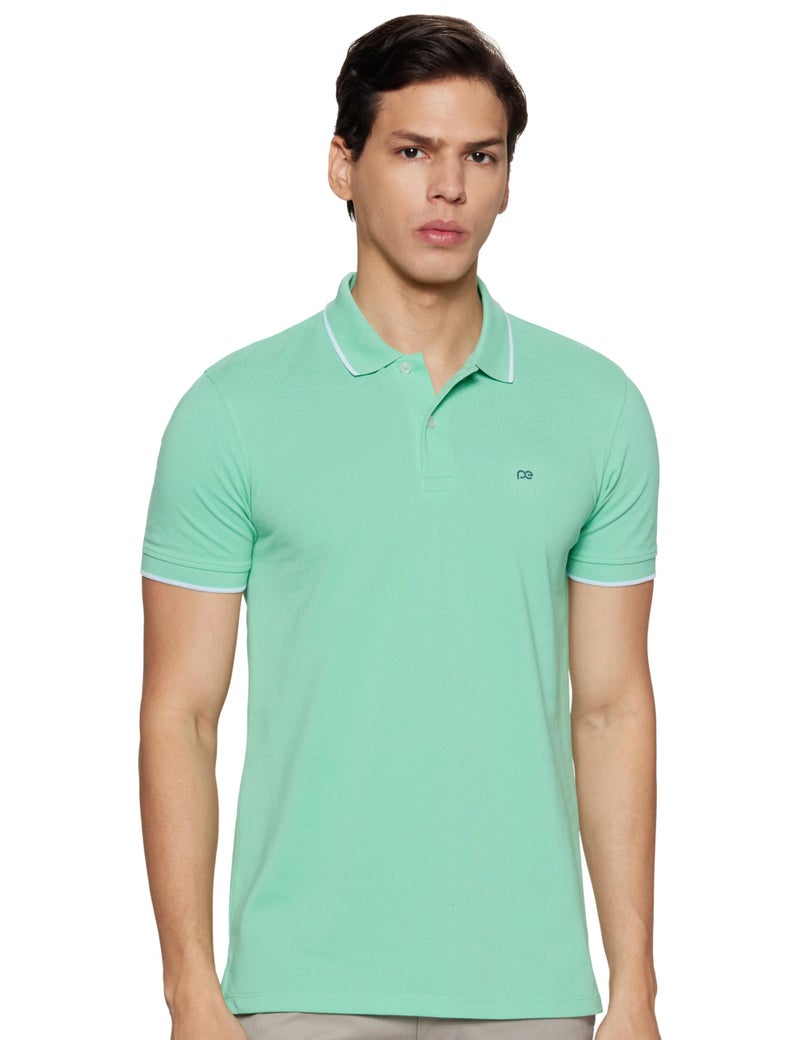 Peter England Men's Snug Fit Solid Polo T-Shirt with Coloured Collar Tipping| Cotton Rich| Premium Pique Weave Light Green, Large - Image 5