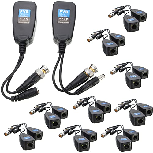 exgoofit 10 Pairs HD-CVI/TVI/AHD Passive Video Balun with Power Connector and RJ45 CAT5 Data Transmitter BNC Twisted Pair - Image 1
