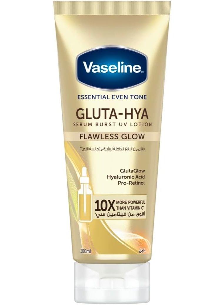 Vaseline Essential Even Tone Body Lotion with moisturising petroleum jelly, Flawless Glow, Gluta-Hya Serum Burst UV, 10X More Powerful than Vitamin C, 200ml - Image 1