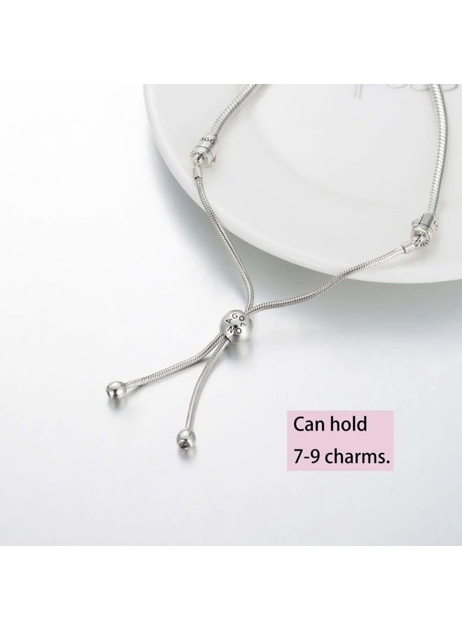 LONAGO Jewelry Moments Black Leather Slider Snake Chain Charm Bracelet 925 Sterling Silver Sliding Clasp Adjustable Link Fit Pandora Charm Bead Birthday Gift for Women Mom - Image 3
