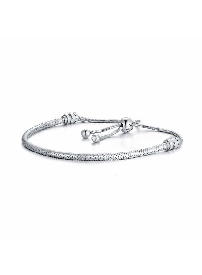 LONAGO Jewelry Moments Black Leather Slider Snake Chain Charm Bracelet 925 Sterling Silver Sliding Clasp Adjustable Link Fit Pandora Charm Bead Birthday Gift for Women Mom - Image 1