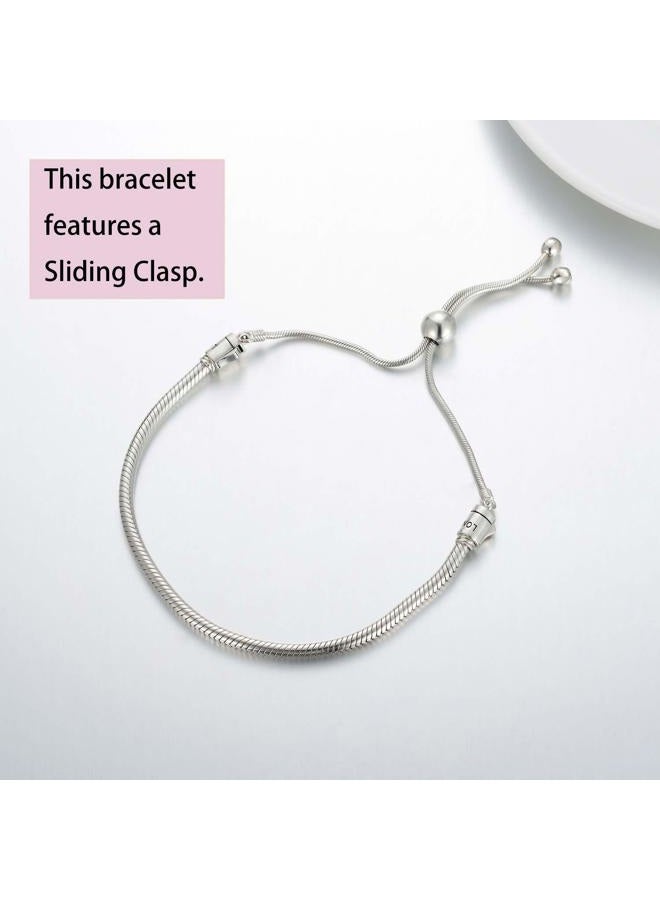 LONAGO Jewelry Moments Black Leather Slider Snake Chain Charm Bracelet 925 Sterling Silver Sliding Clasp Adjustable Link Fit Pandora Charm Bead Birthday Gift for Women Mom - Image 2