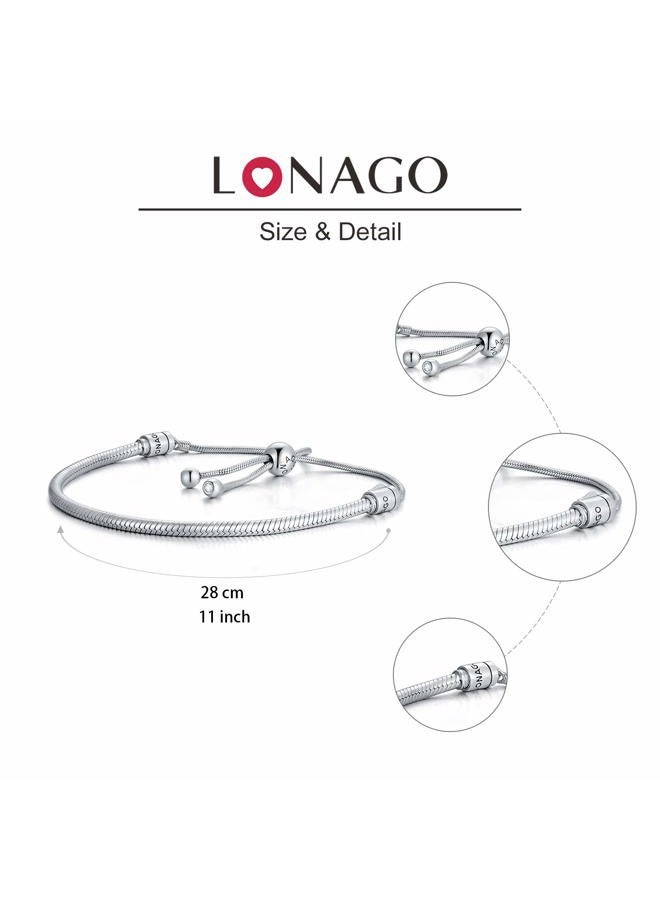 LONAGO Jewelry Moments Black Leather Slider Snake Chain Charm Bracelet 925 Sterling Silver Sliding Clasp Adjustable Link Fit Pandora Charm Bead Birthday Gift for Women Mom - Image 5