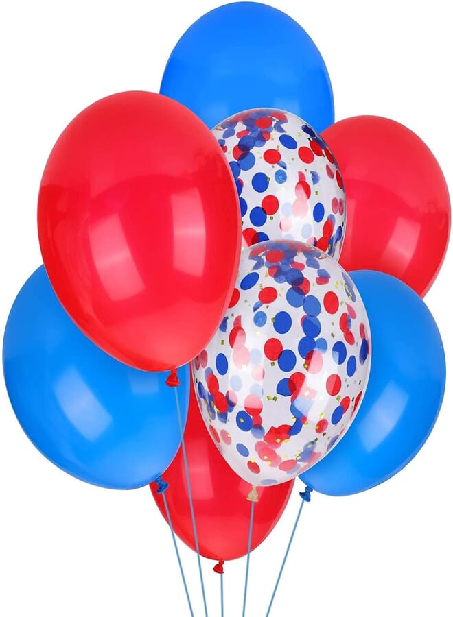 secret Spiderman Latex and Confetti Balloons, Bridal Shower Supplies, Decorations (Red and Blue, 12in) - Pack of 30