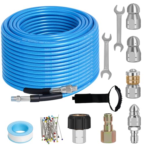Zejoot 100 FT Sewer Jetter Kit for Pressure Washer, 5800PSI Water Jet Drain Cleaner Hose, 1/4 Inch NPT Corner with 4 Sewer Jetting Nozzles, Pearl Corsage Pin, Waterproof Tape, Handle Strap&2 Spanner (Blue) - Image 1
