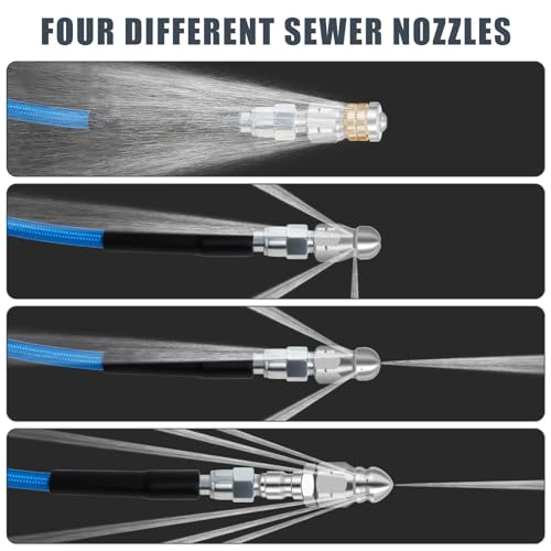 Zejoot 100 FT Sewer Jetter Kit for Pressure Washer, 5800PSI Water Jet Drain Cleaner Hose, 1/4 Inch NPT Corner with 4 Sewer Jetting Nozzles, Pearl Corsage Pin, Waterproof Tape, Handle Strap&2 Spanner (Blue) - Image 2
