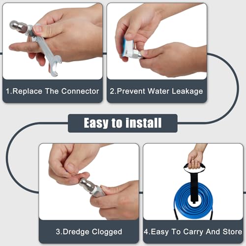 Zejoot 100 FT Sewer Jetter Kit for Pressure Washer, 5800PSI Water Jet Drain Cleaner Hose, 1/4 Inch NPT Corner with 4 Sewer Jetting Nozzles, Pearl Corsage Pin, Waterproof Tape, Handle Strap&2 Spanner (Blue) - Image 3