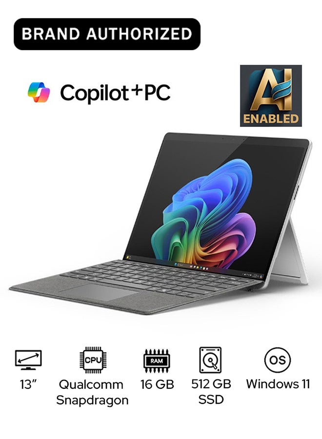 Microsoft Surface Pro 11 Copilot+ PC Laptop With 13-Inch Display, Qualcomm Snapdragon X Elite Processor/16GB RAM/512GB SSD/Qualcomm Adreno Graphics/Windows 11 English/Arabic PLATINUM - Image 1
