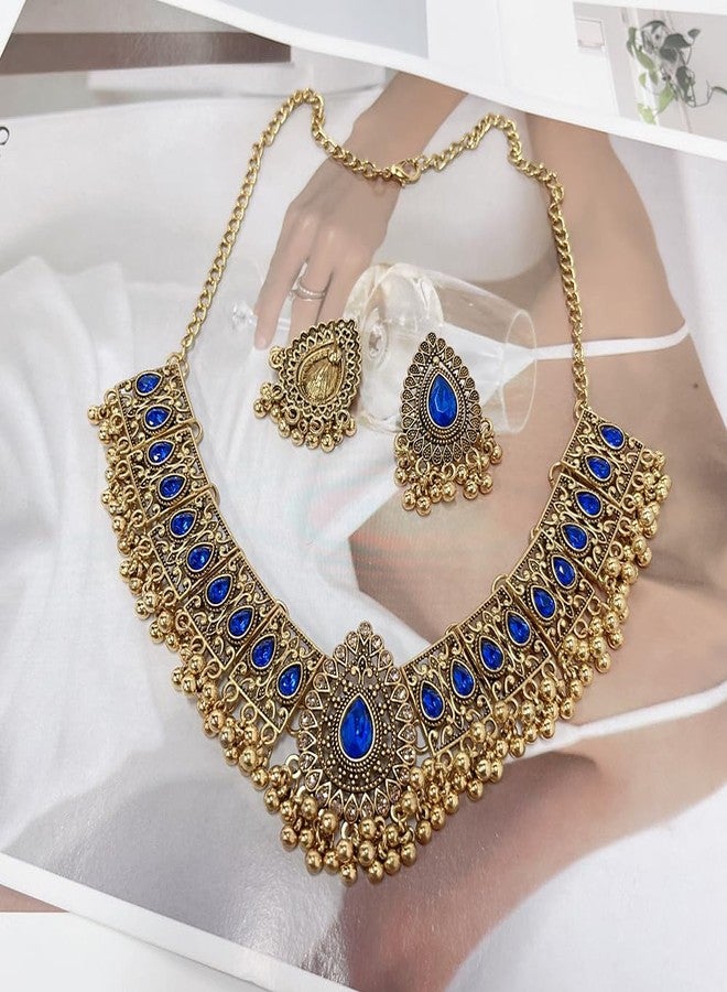 OIDIMS طقم مجوهرات زفاف هندي تقليدي بوهيمي للنساء والفتيات، بتصميم عتيق مؤكسد، مناسب للحفلات والمناسبات الرسمية، يتضمن قلادة مميزة وأقراطًا مزينة بشرابة، وقلادة بوليوودية، وقلادة بانك مرصعة بالكريستال الأسود، هدية أنيقة. - Image 4