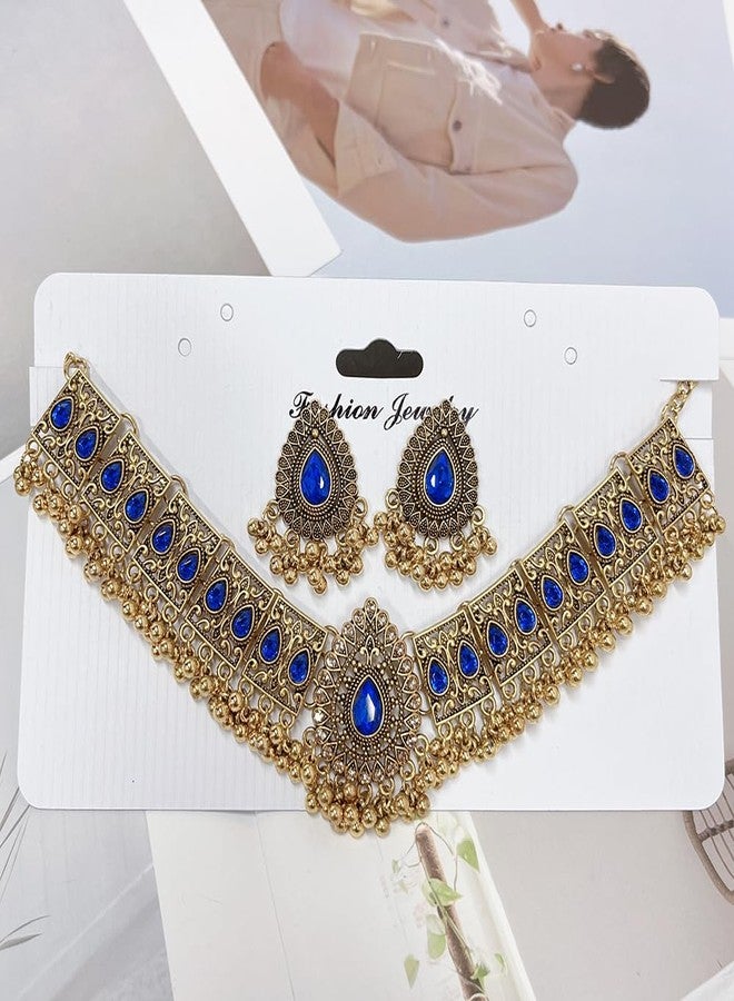 OIDIMS طقم مجوهرات زفاف هندي تقليدي بوهيمي للنساء والفتيات، بتصميم عتيق مؤكسد، مناسب للحفلات والمناسبات الرسمية، يتضمن قلادة مميزة وأقراطًا مزينة بشرابة، وقلادة بوليوودية، وقلادة بانك مرصعة بالكريستال الأسود، هدية أنيقة. - Image 5