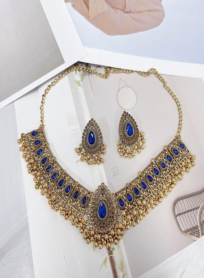 OIDIMS طقم مجوهرات زفاف هندي تقليدي بوهيمي للنساء والفتيات، بتصميم عتيق مؤكسد، مناسب للحفلات والمناسبات الرسمية، يتضمن قلادة مميزة وأقراطًا مزينة بشرابة، وقلادة بوليوودية، وقلادة بانك مرصعة بالكريستال الأسود، هدية أنيقة. - Image 3