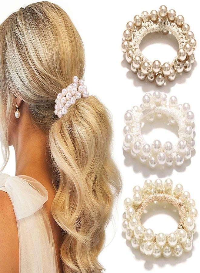 CAKURE Pearl Scrunchies Beaded Hair Ties Decorative Ponytail Holder Pearl Hair Accessories for Women and Girls (Pack of 3) - Image 1