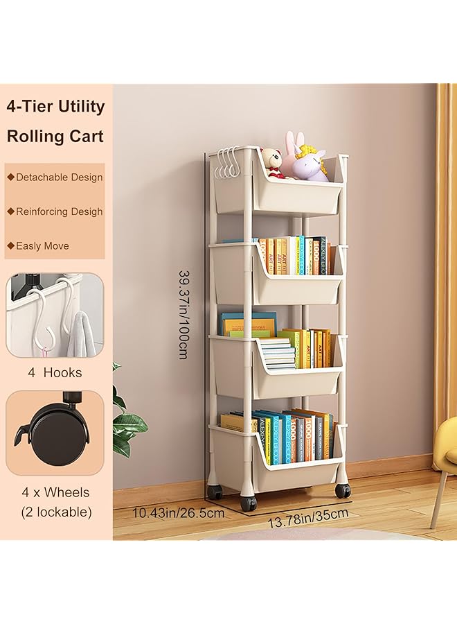 إيروريكس عربة دوارة مكونة من 4 طبقات مع 4 خطافات وأرفف تخزين متعددة الوظائف للمطبخ وغرفة المعيشة والمكتب وعربة تنظيم مجلدات الملفات المتحركة مع عجلات للدراسة المنزلية والمكتب وغرفة المعيشة والفصول الدراسية - Image 2