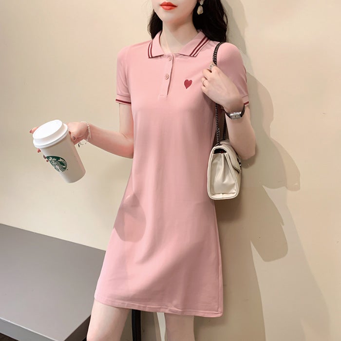 695 #   210g Pique Cotton Long Dress Summer Short-Sleeved T-Shirt for Women 2024 New Polo Collar Shirt 695 black - Image 2