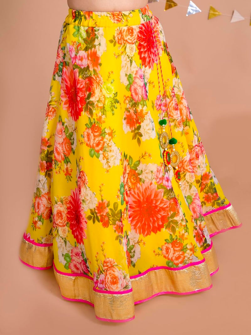 Pspeaches Girl's Yellow Pink Embroidered Polyester Readymade Lehenga Choli Set (Yellow-10-12Y) - Image 3