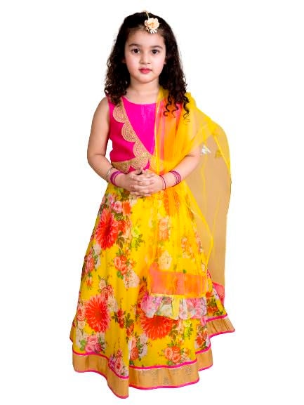 Pspeaches Girl's Yellow Pink Embroidered Polyester Readymade Lehenga Choli Set (Yellow-10-12Y) - Image 5