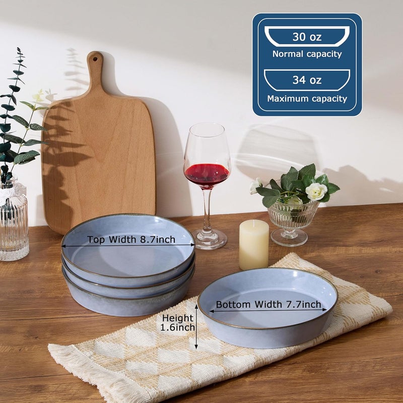 LIANYU Pasta Bowls 34oz Large Salad Plate Bowls Set of 4 87 Wide Shallow Stoneware Dinner Plates for Home Kitchen Dishwasher  Microwave Safe Serenity Blue - Image 3