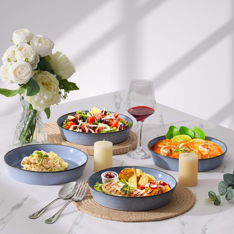 LIANYU Pasta Bowls 34oz Large Salad Plate Bowls Set of 4 87 Wide Shallow Stoneware Dinner Plates for Home Kitchen Dishwasher  Microwave Safe Serenity Blue - Image 5