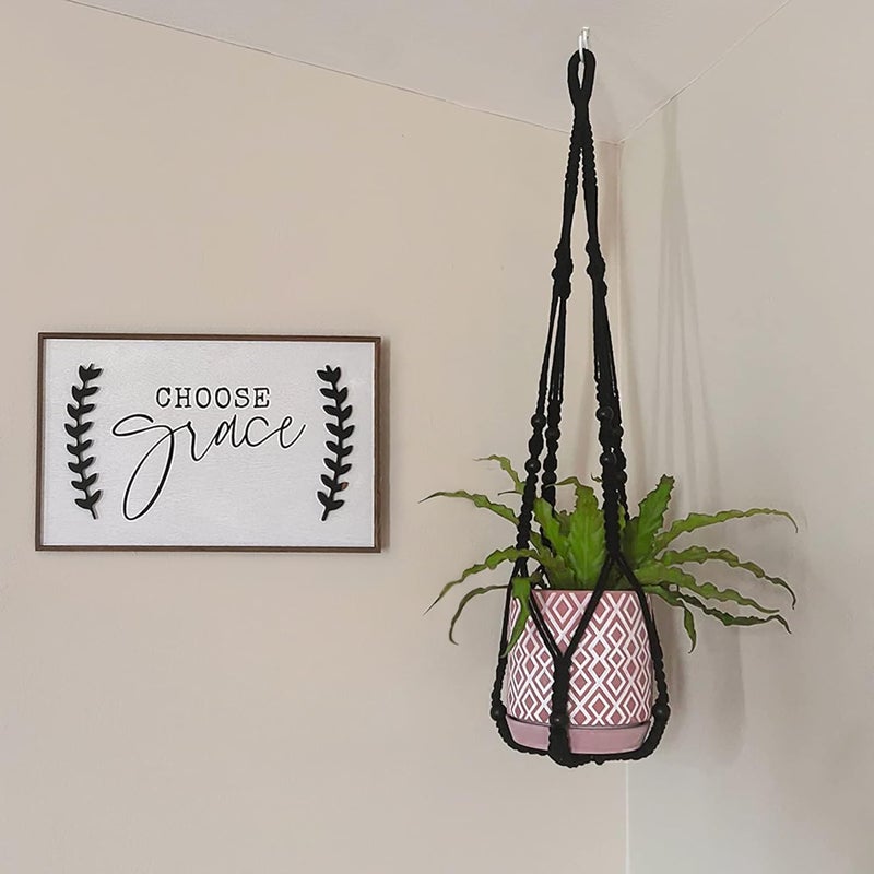 Mkono Macrame Plant Hanger Indoor Hanging Planter Basket with Wood Beads Decorative Flower Pot Holder No Tassels for Indoor Outdoor Boho Home Decor 35 Inch, Black, Set of 1 (POTS NOT Included) - Image 3