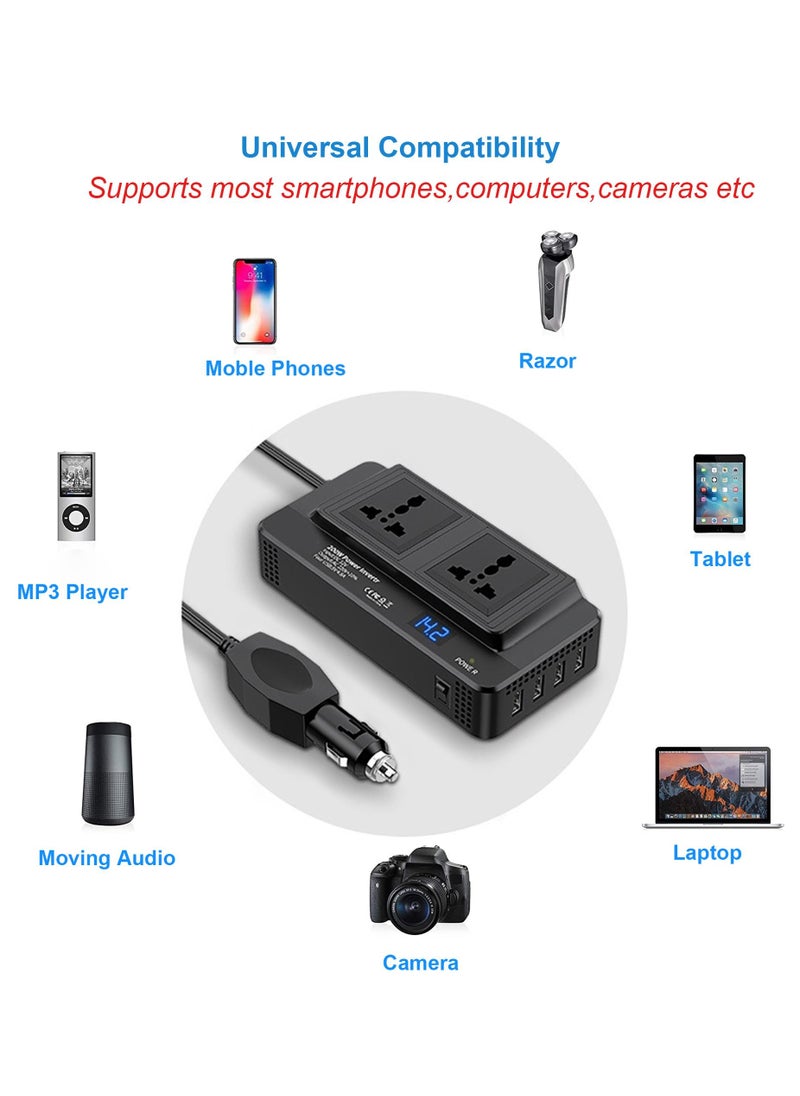 Generic محول طاقة 200 واط، تيار مستمر 12 فولت إلى 230 فولت تيار متردد محول طاقة السيارة 4 منافذ USB مهايئ شاحن محول قابس السيارة مع مفتاح، شاشة LCD الحالية  - Image 3