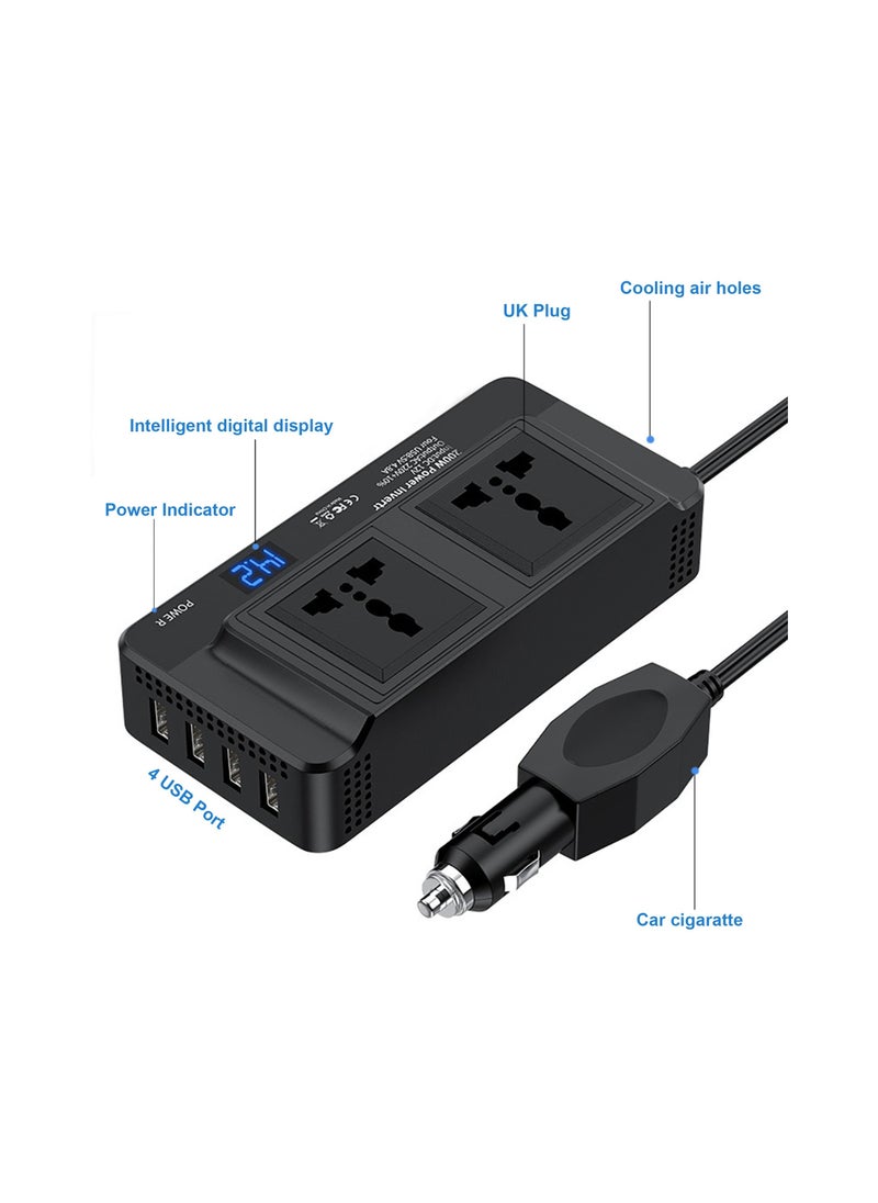 Generic محول طاقة 200 واط، تيار مستمر 12 فولت إلى 230 فولت تيار متردد محول طاقة السيارة 4 منافذ USB مهايئ شاحن محول قابس السيارة مع مفتاح، شاشة LCD الحالية  - Image 2