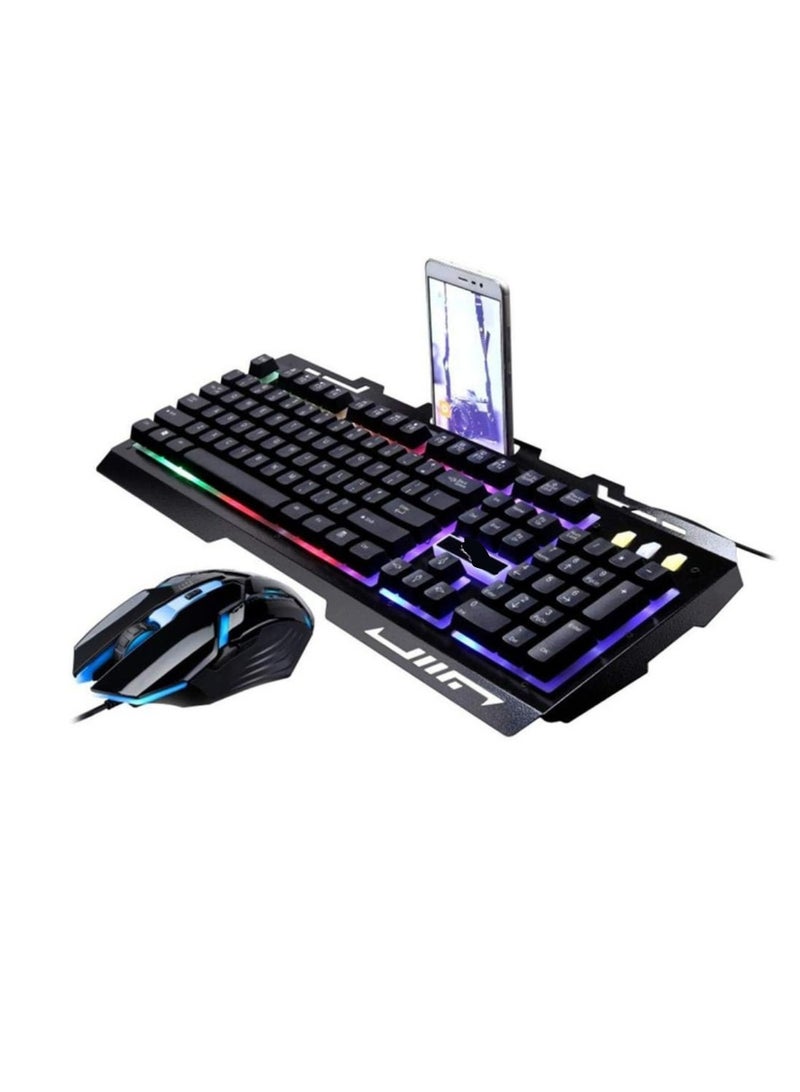 Gaming Keyboard and Mouse Combo with Rainbow LED Backlight, Phone Holder, 104 Keys, Mechanical Feel – Black – For PC & Mac  - Image 1