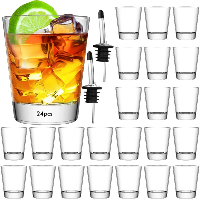 SuproBarware Shot Glasses Set of 24 Bulk Glass Shot Glasses 2oz60ml Clear Round Shot Glass Rock Shot Glasses for Cocktails Vodka Espressos Liqueurs Tequila Rum Wine and Desserts