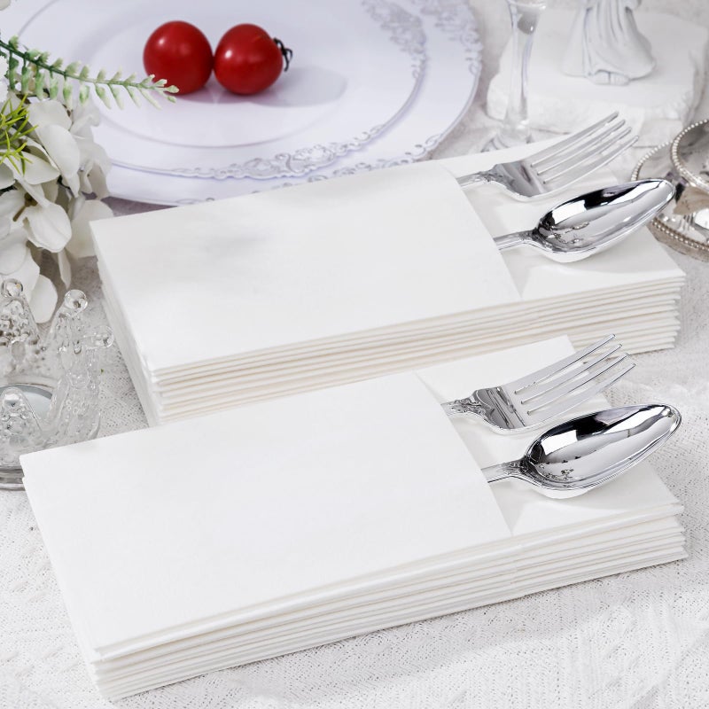 Joyido 50PCS White Paper Napkins with Built-in Flatware Pocket - Cloth Like Prefolded Disposable Napkins - Heavy-duty Linen-Feel Dinner Napkins for Party & Wedding & Dinner - Image 4
