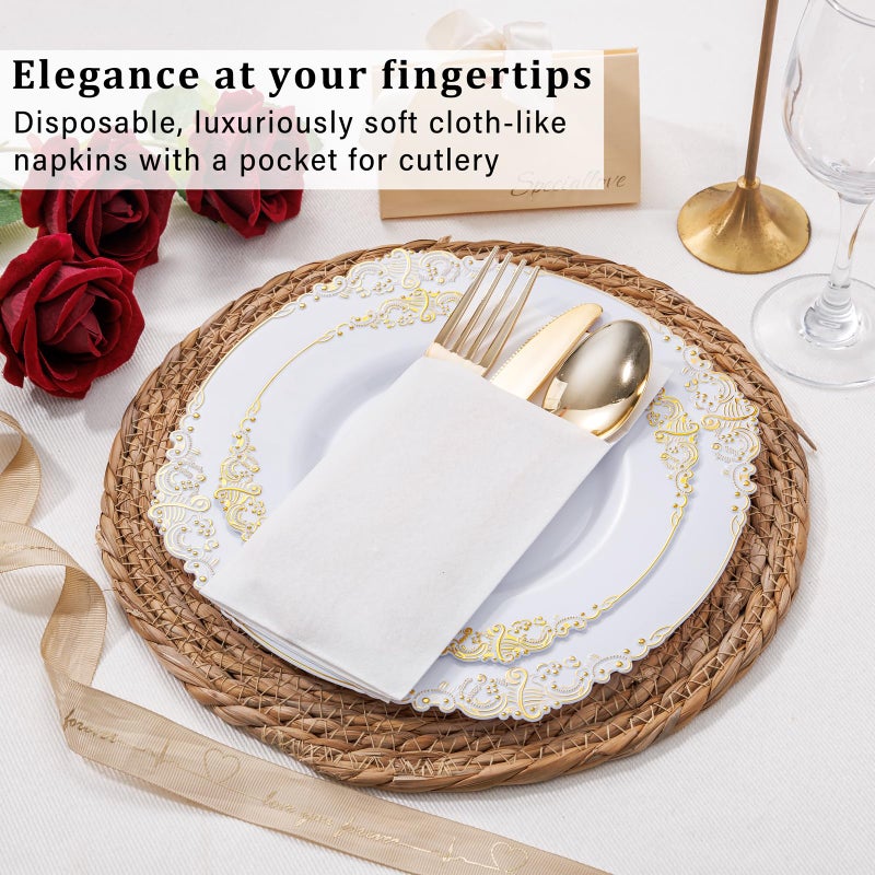 Joyido 50PCS White Paper Napkins with Built-in Flatware Pocket - Cloth Like Prefolded Disposable Napkins - Heavy-duty Linen-Feel Dinner Napkins for Party & Wedding & Dinner - Image 2