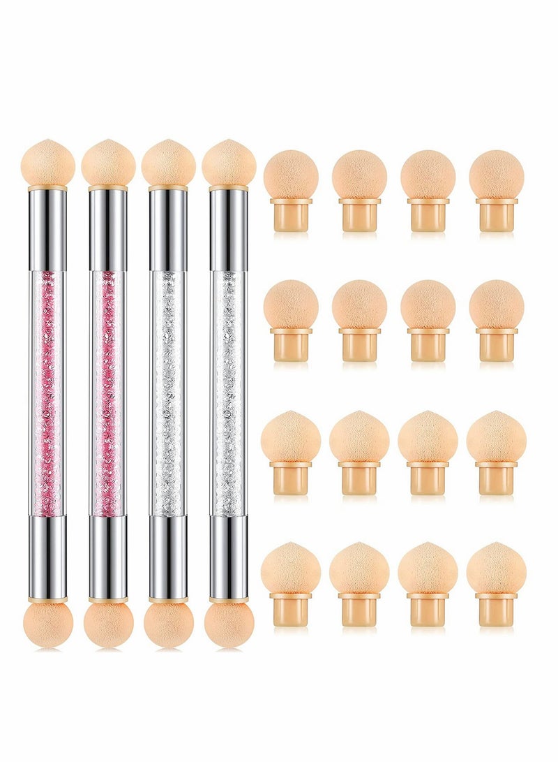 KASTWAVE Nail Art Brushes, Double Head Sponge Nail Art Tool, Gradient Nail Brush, Rhinestone Handle Acrylic Nail Painting Brush, with 16 Pieces Replacement Head for Nail Art Manicure, 4 Pieces (Pink, White)  - Image 1