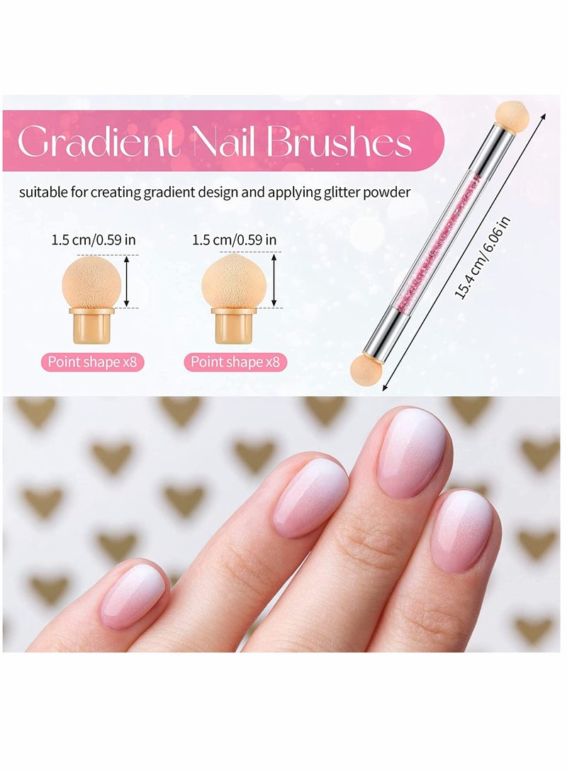 KASTWAVE Nail Art Brushes, Double Head Sponge Nail Art Tool, Gradient Nail Brush, Rhinestone Handle Acrylic Nail Painting Brush, with 16 Pieces Replacement Head for Nail Art Manicure, 4 Pieces (Pink, White)  - Image 3