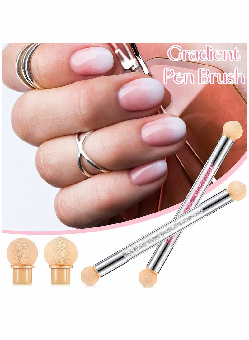 KASTWAVE Nail Art Brushes, Double Head Sponge Nail Art Tool, Gradient Nail Brush, Rhinestone Handle Acrylic Nail Painting Brush, with 16 Pieces Replacement Head for Nail Art Manicure, 4 Pieces (Pink, White)  - Image 5