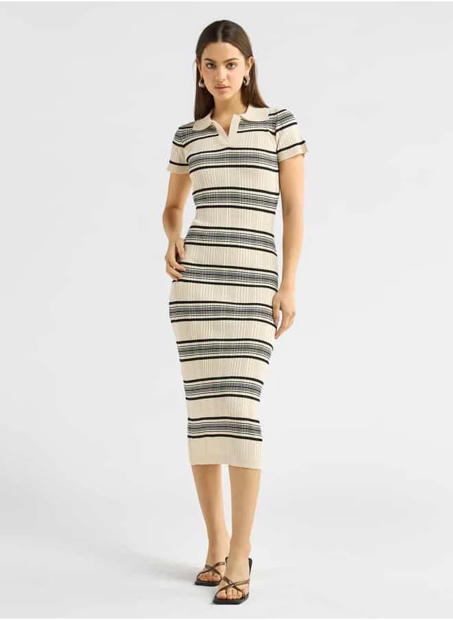 FAV Striped Collared Bodycon Dress with Short Sleeves