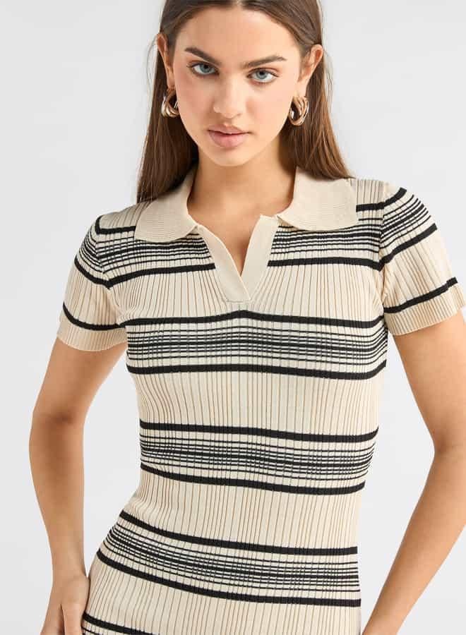 سبلاش فيڤ فستان مقلّم بقصّة ضيّقة وأكمام قصيرة ياقة عادية - Image 4