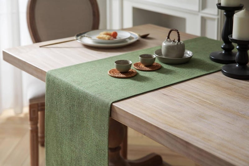 ZeeMart Burlap Style Farmhouse Table Runners 48 Inches Long, Green Rustic Woven Dining Table Runner for Everyday Use, 14x48 Inches, Grass Green - Image 3