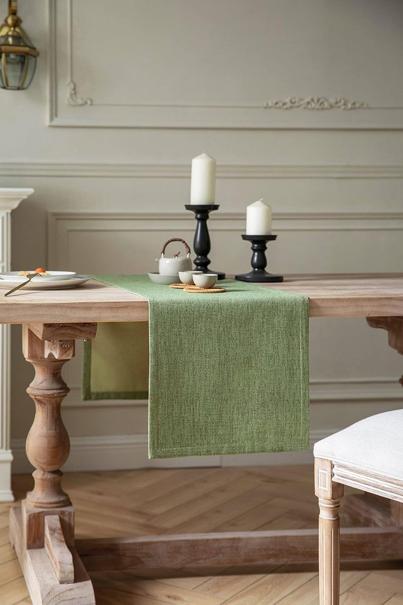 ZeeMart Burlap Style Farmhouse Table Runners 48 Inches Long, Green Rustic Woven Dining Table Runner for Everyday Use, 14x48 Inches, Grass Green - Image 2