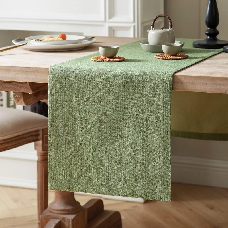 ZeeMart Burlap Style Farmhouse Table Runners 48 Inches Long, Green Rustic Woven Dining Table Runner for Everyday Use, 14x48 Inches, Grass Green - Image 1