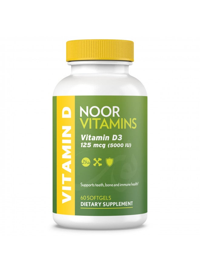 Noor Vitamins Noor Vitamins Halal Vitamin D, Halal Vitamin D3, 5000 IU Softgels, Supports Bone, Immune & Heart Health, from Safflower Oil to Maximize Absorption, Non-GMO, Gluten Free & Halal (60 Count) - Image 1