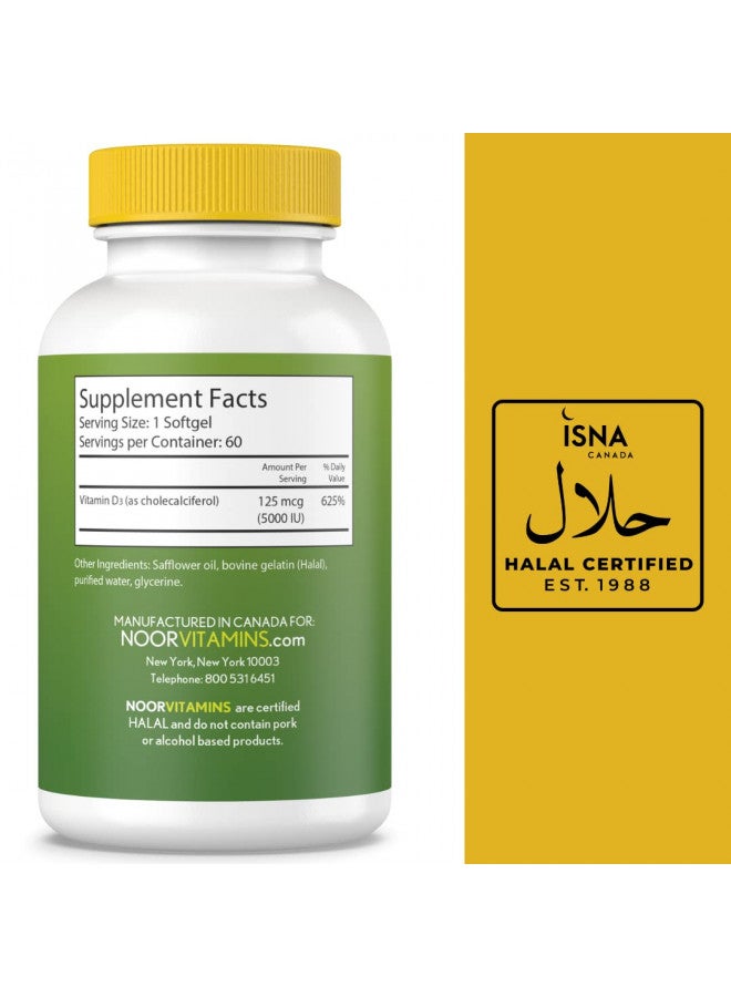 Noor Vitamins Noor Vitamins Halal Vitamin D, Halal Vitamin D3, 5000 IU Softgels, Supports Bone, Immune & Heart Health, from Safflower Oil to Maximize Absorption, Non-GMO, Gluten Free & Halal (60 Count) - Image 2