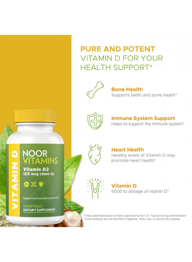 Noor Vitamins Noor Vitamins Halal Vitamin D, Halal Vitamin D3, 5000 IU Softgels, Supports Bone, Immune & Heart Health, from Safflower Oil to Maximize Absorption, Non-GMO, Gluten Free & Halal (60 Count) - Image 4