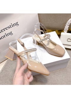 Fashionable Vintage Elegant Pearl Thick Heeled Sandals Womens 2023 Summer New Style One-Row Strap High Heeled Shoes Round Toe Apricot