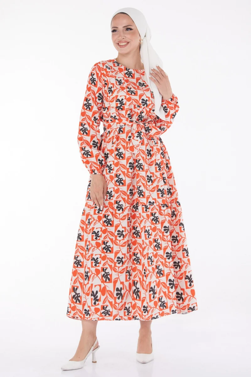 Tofisa Plain Crew Neck Women's Orange Leaf Pattern Dress - 13220