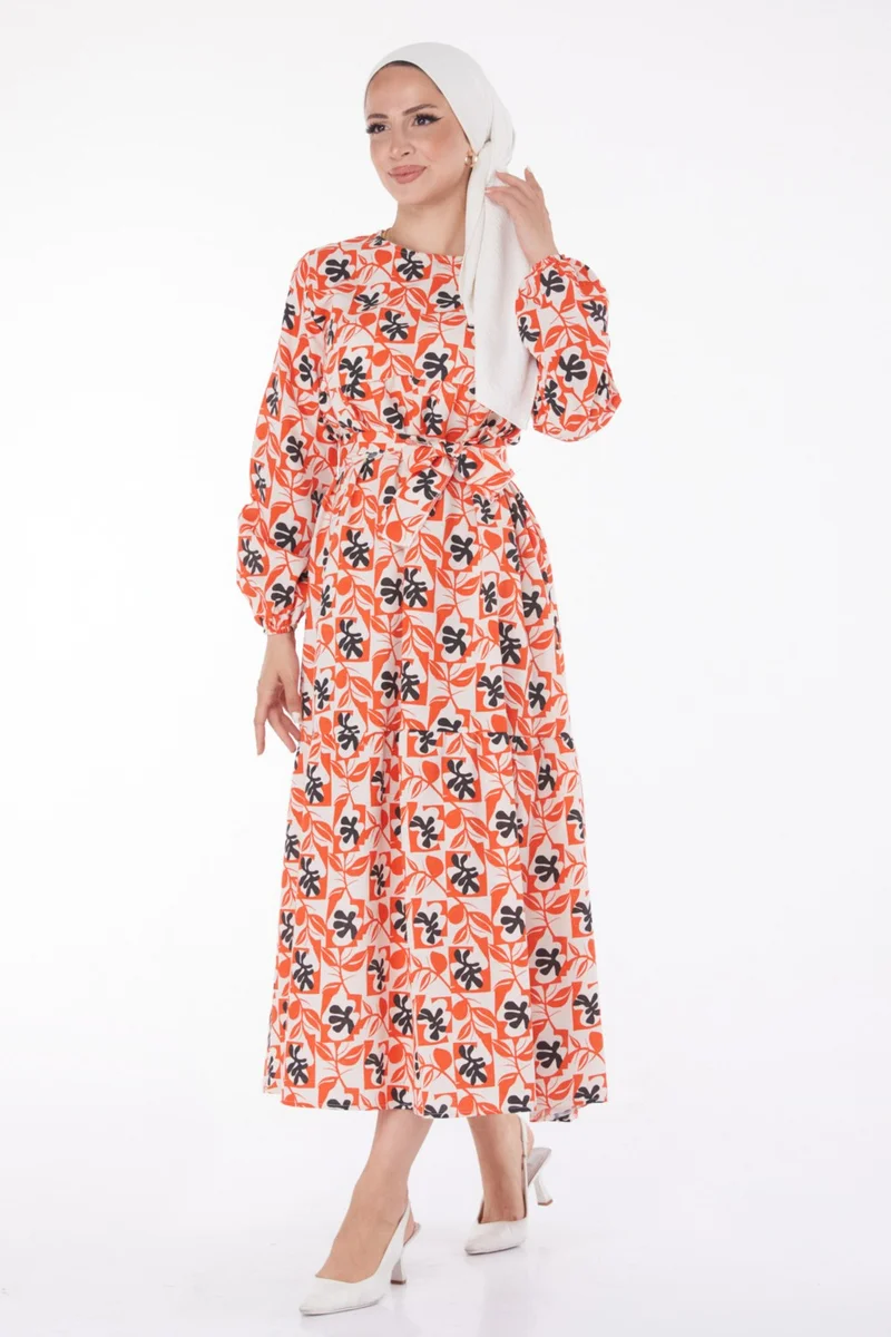 Tofisa Plain Crew Neck Women's Orange Leaf Pattern Dress - 13220