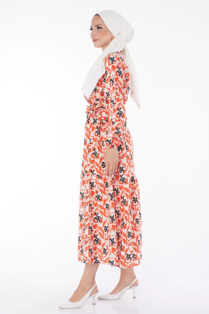 Tofisa Plain Crew Neck Women's Orange Leaf Pattern Dress - 13220
