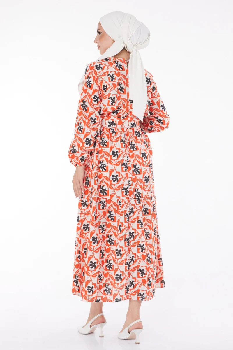 Tofisa Plain Crew Neck Women's Orange Leaf Pattern Dress - 13220