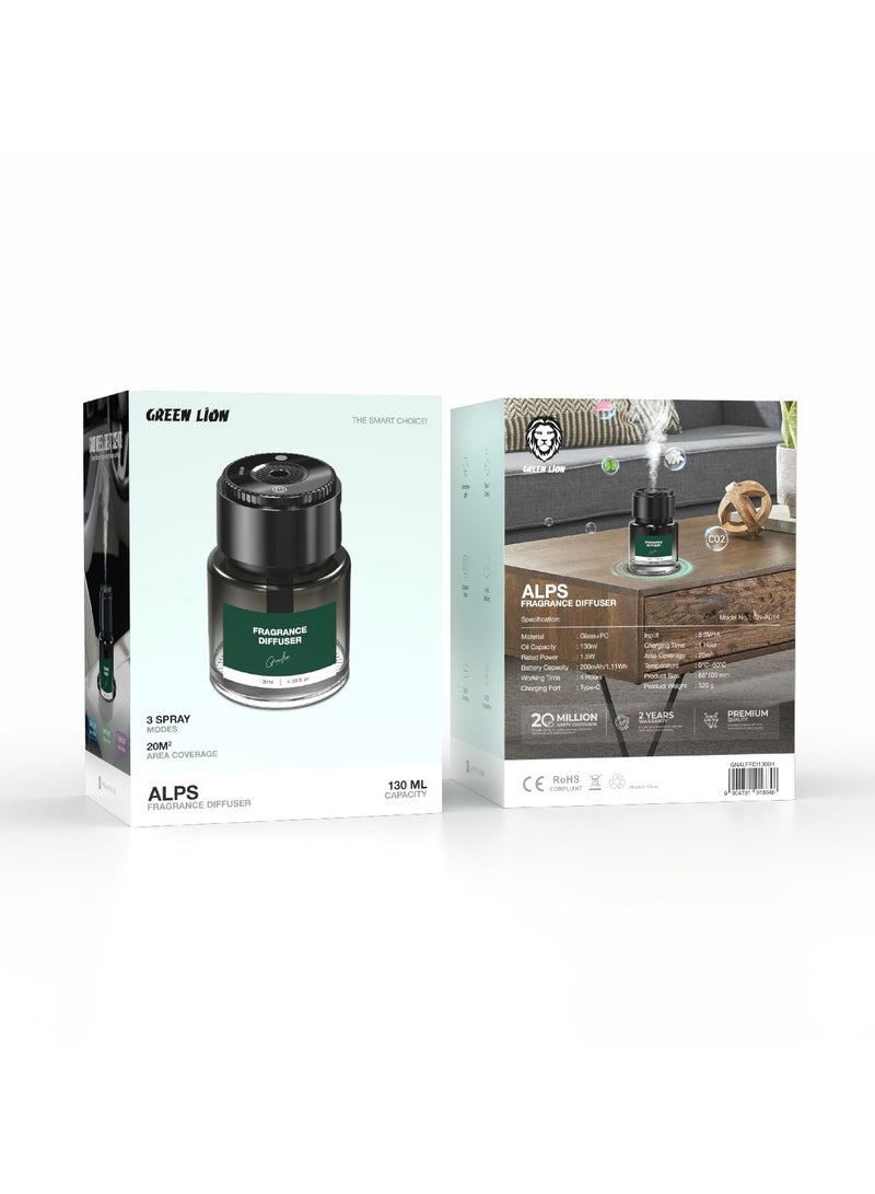 جرين ليون معطر جو ALPS متعدد الأوضاع مع مؤشر ضوئي، وقت عمل 4 ساعات / شاحن من النوع C / قابل لإعادة الشحن / سعة 130 مل / رائحة فاخرة / 3 أوضاع رش - أسود  - Image 3